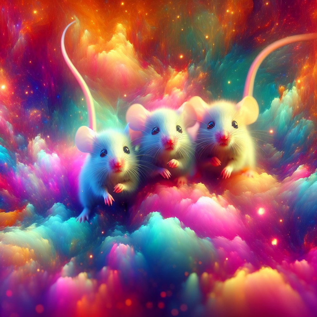 Tre mus i fargerik, drømmeaktig himmel