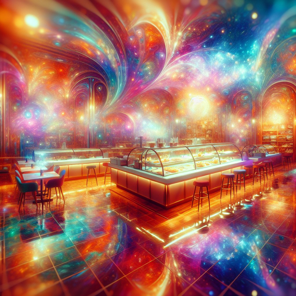 Fargerikt kaféinteriør med galakseinspirert design.