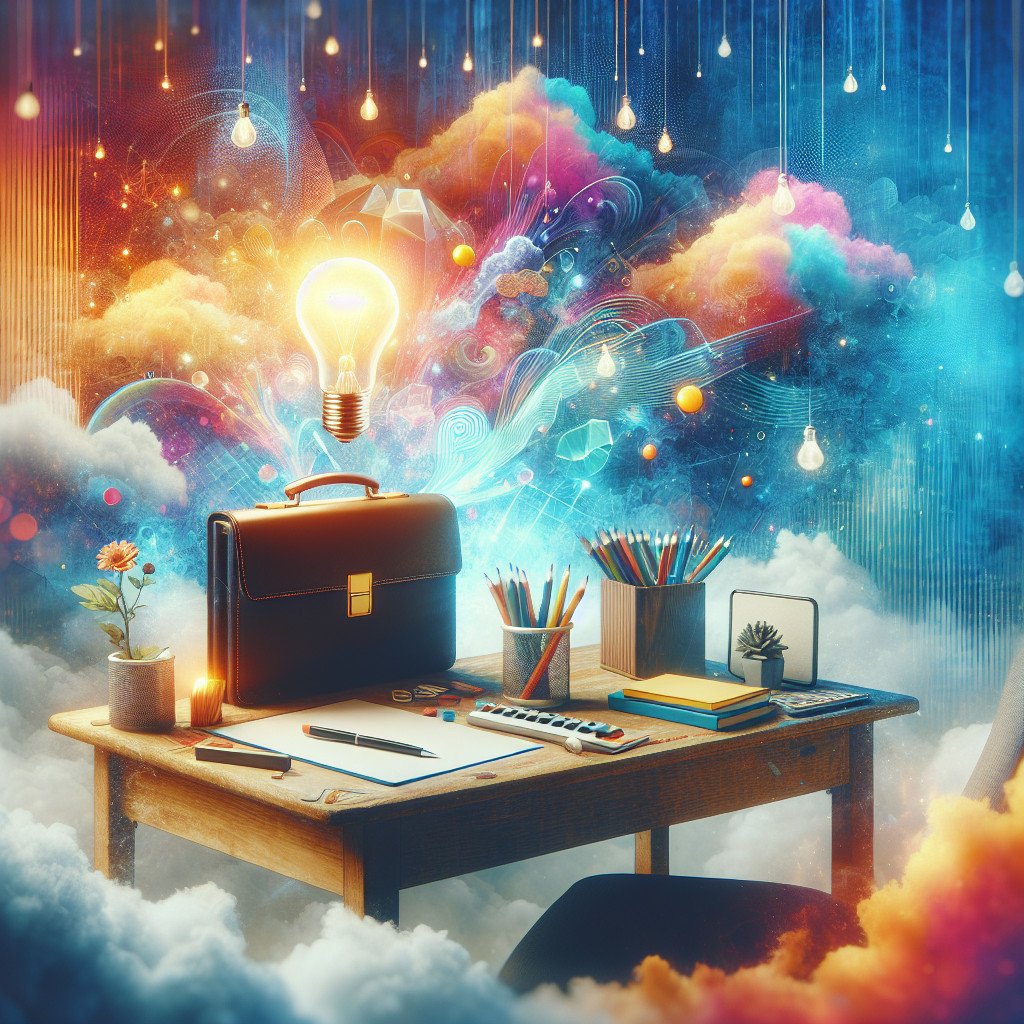 Kreativt skrivebord med svevende lyspære og skyer.