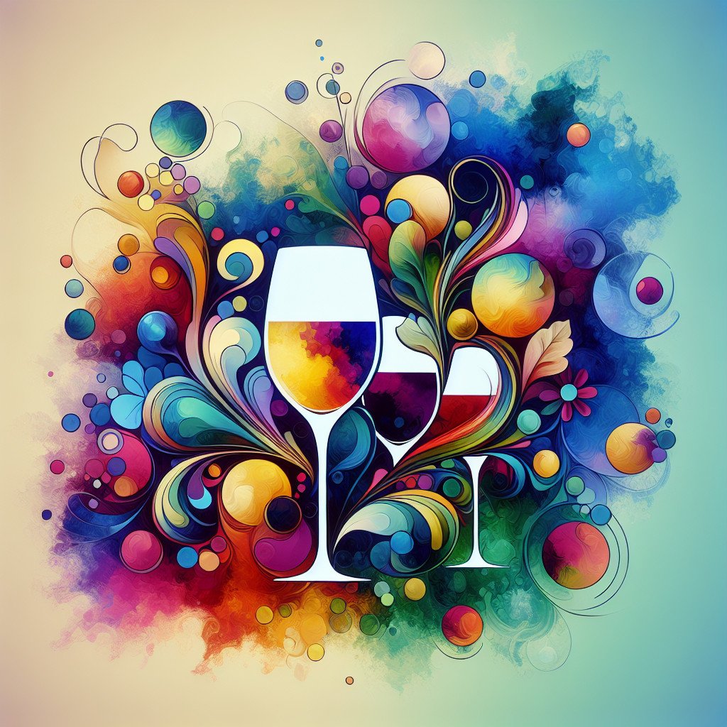 Fargerikt kunstverk av vinglass og abstrakte mønstre.