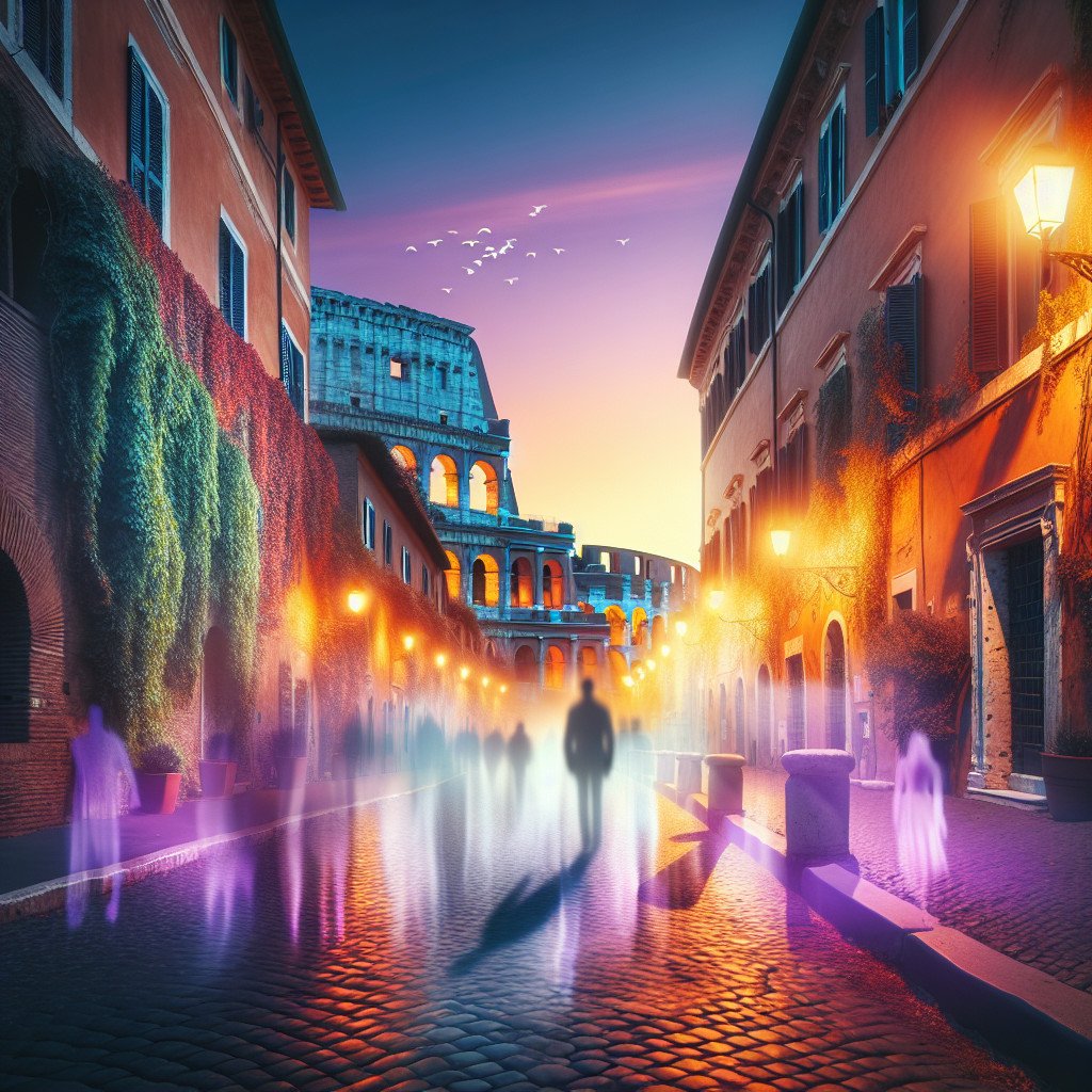 Roma Colosseum gate ved solnedgang med folk