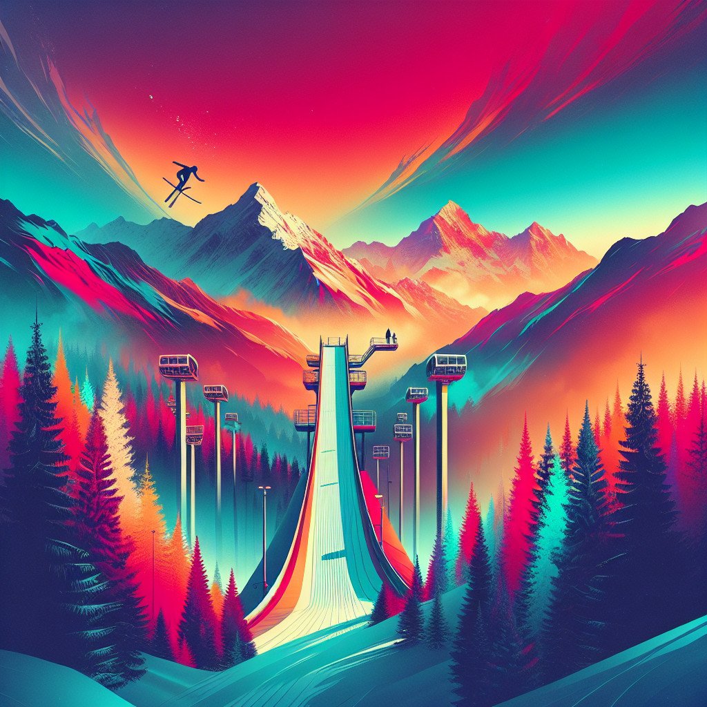 Fargerik skihoppbakke i alpelandskap med solnedgang