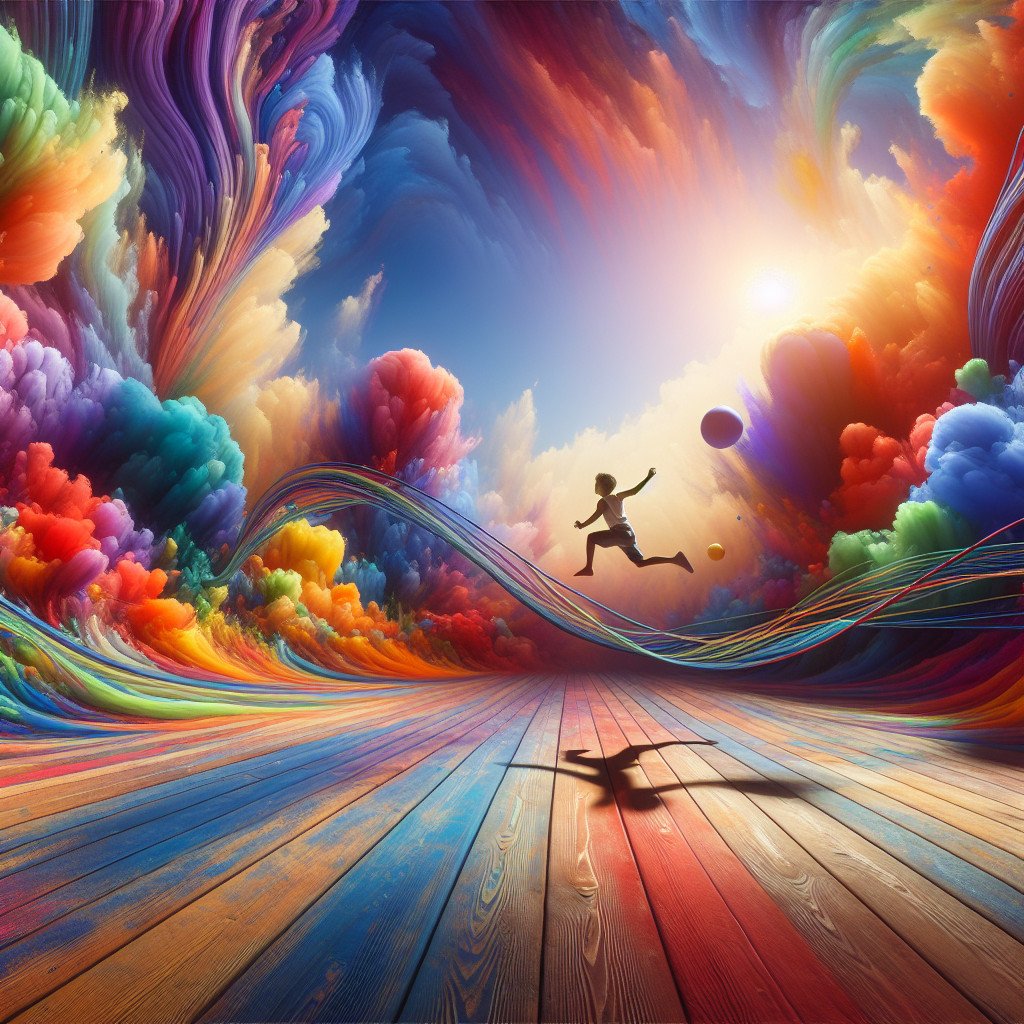 Barn leker i fargerik, surrealistisk himmel.