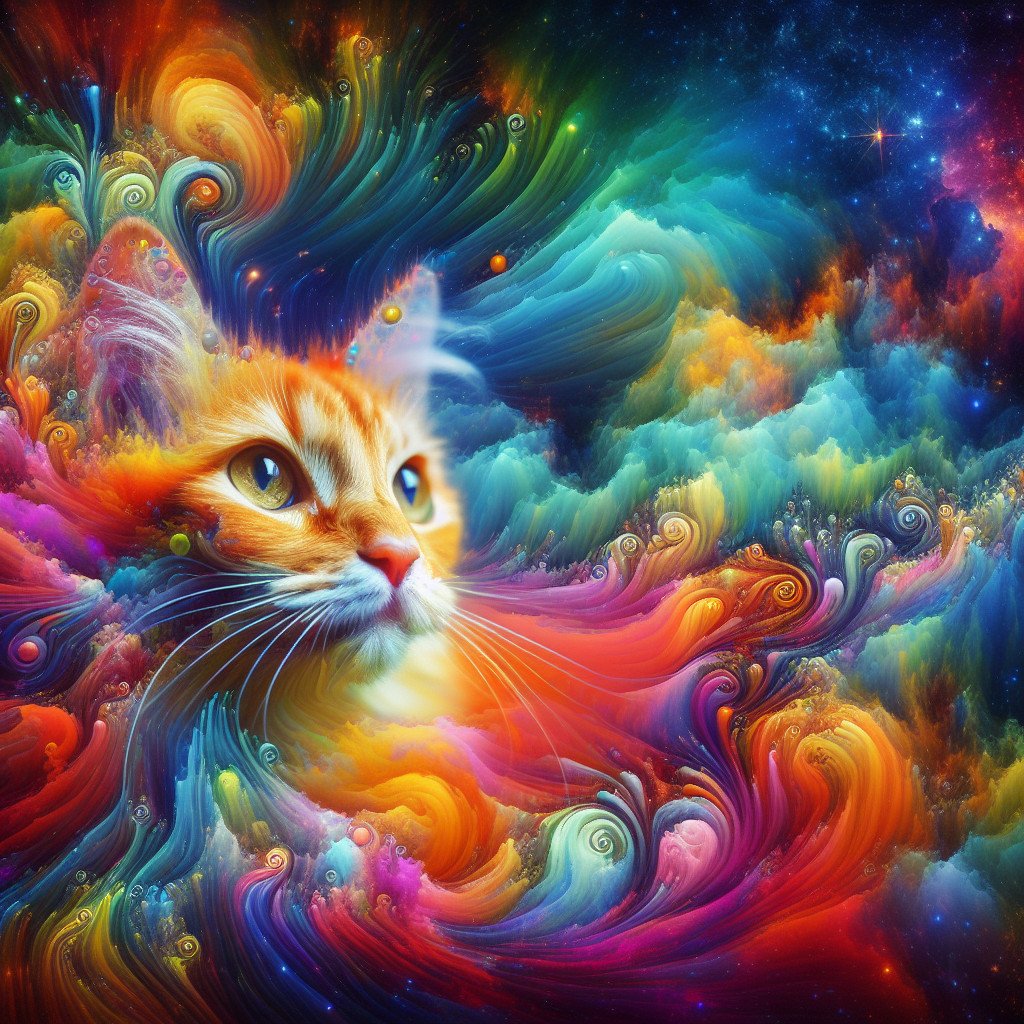 Surrealistisk katt i fargerik, drømmende galakse.
