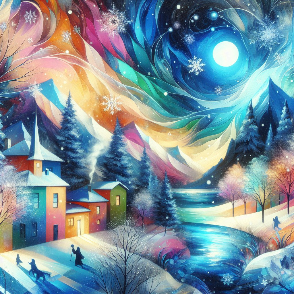 Fargerikt vinterlandskap med hus og fjell