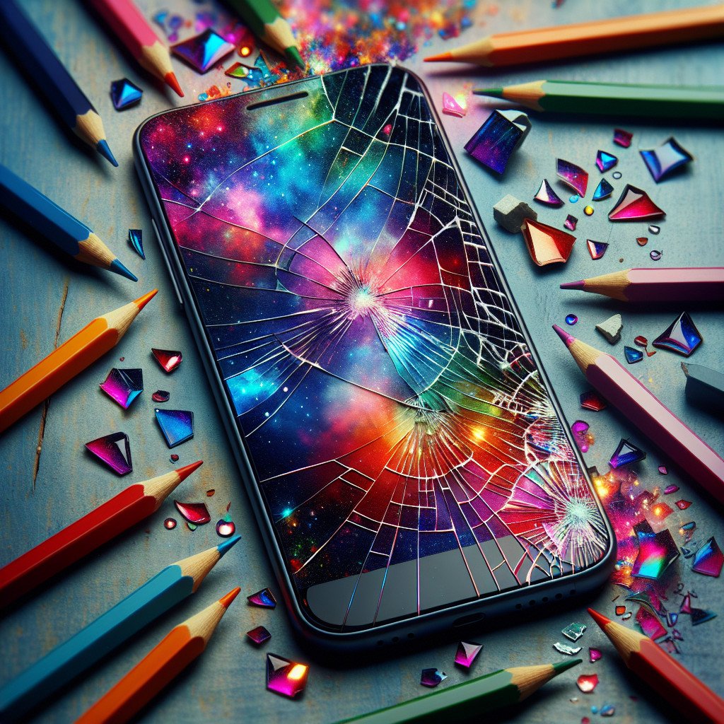 Knust mobilskjerm med fargerike glasskår og blyanter.