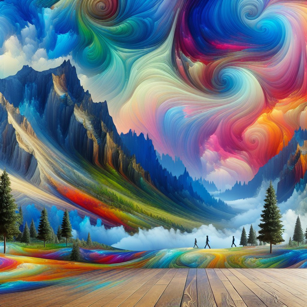 Fargerike landskapsmalerier med fjell og skyer