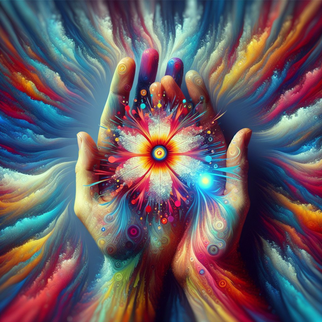 Hender holder psykedelisk fargerik blomst