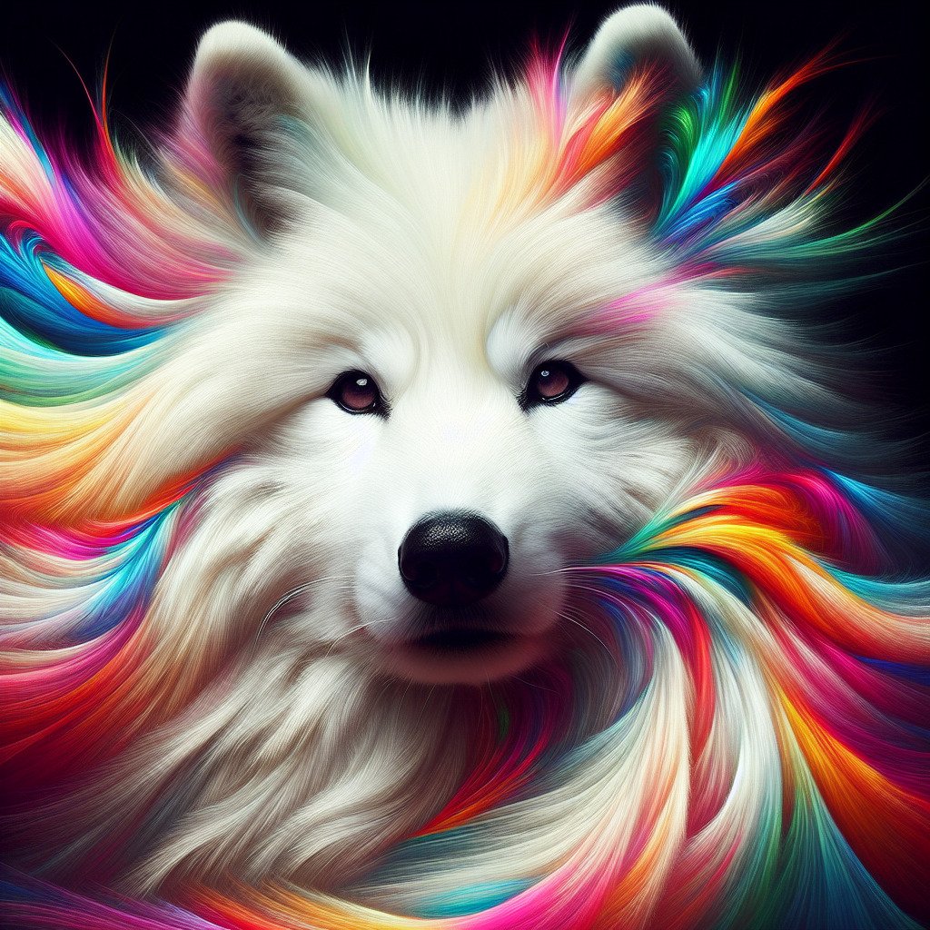 Hvithund med flerfarget, kunstnerisk pels