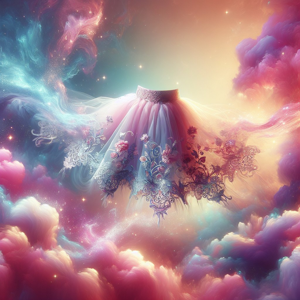 Magisk hvit tyllkjole i et fargerikt skylandskap.