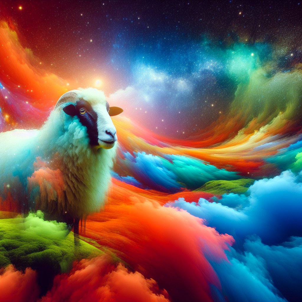 Fargerik sau i surrealistisk landskap