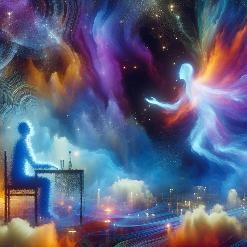 Abstrakt kunst av ånd i kosmos møter person