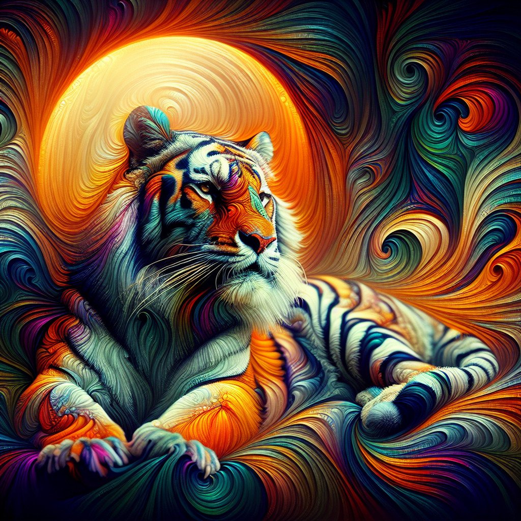 Fargerik tiger mot solfylt, kunstnerisk bakgrunn